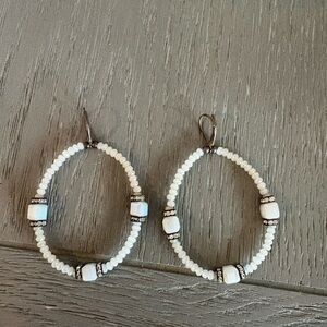 Elegant White Beaded Hoop Earrings Crystal designer pierced handmade $180 retail